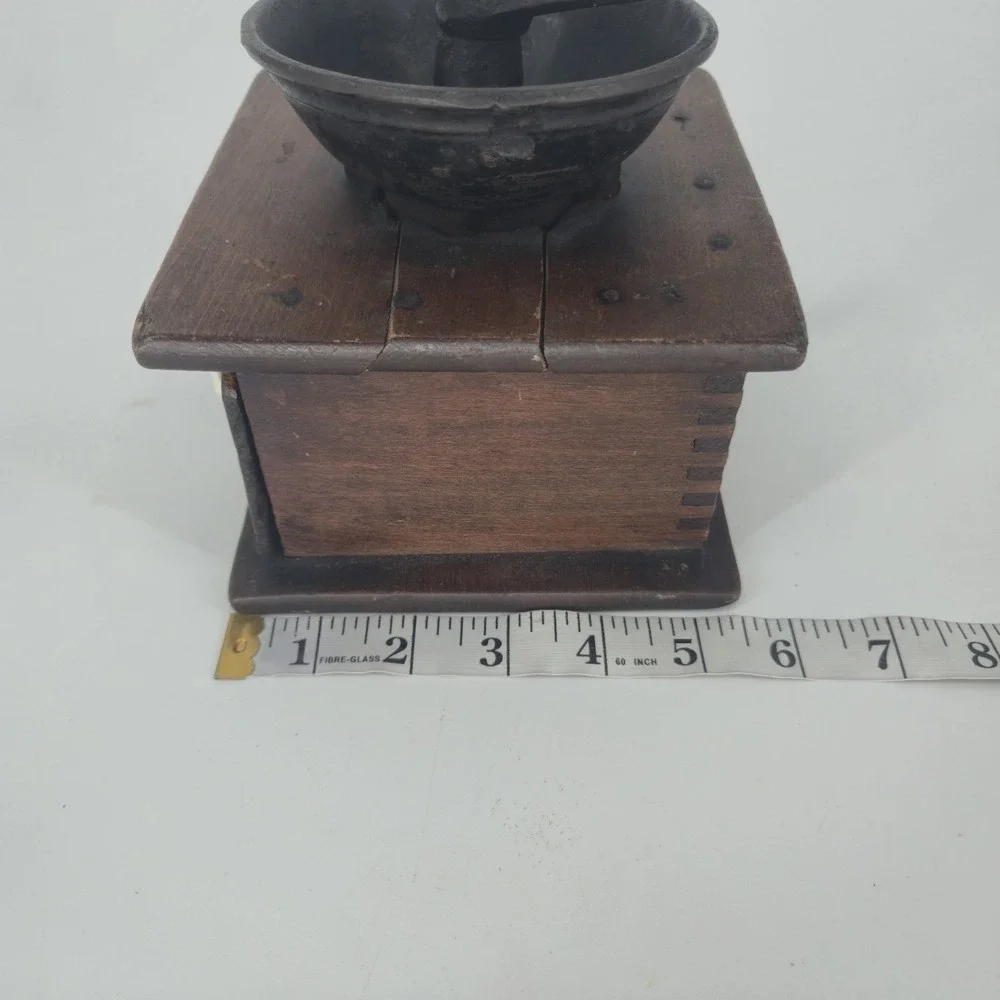 Antique Wooden Coffee Grinder Cast Iron Hand Crank Mill Porcelain Knob Vintage